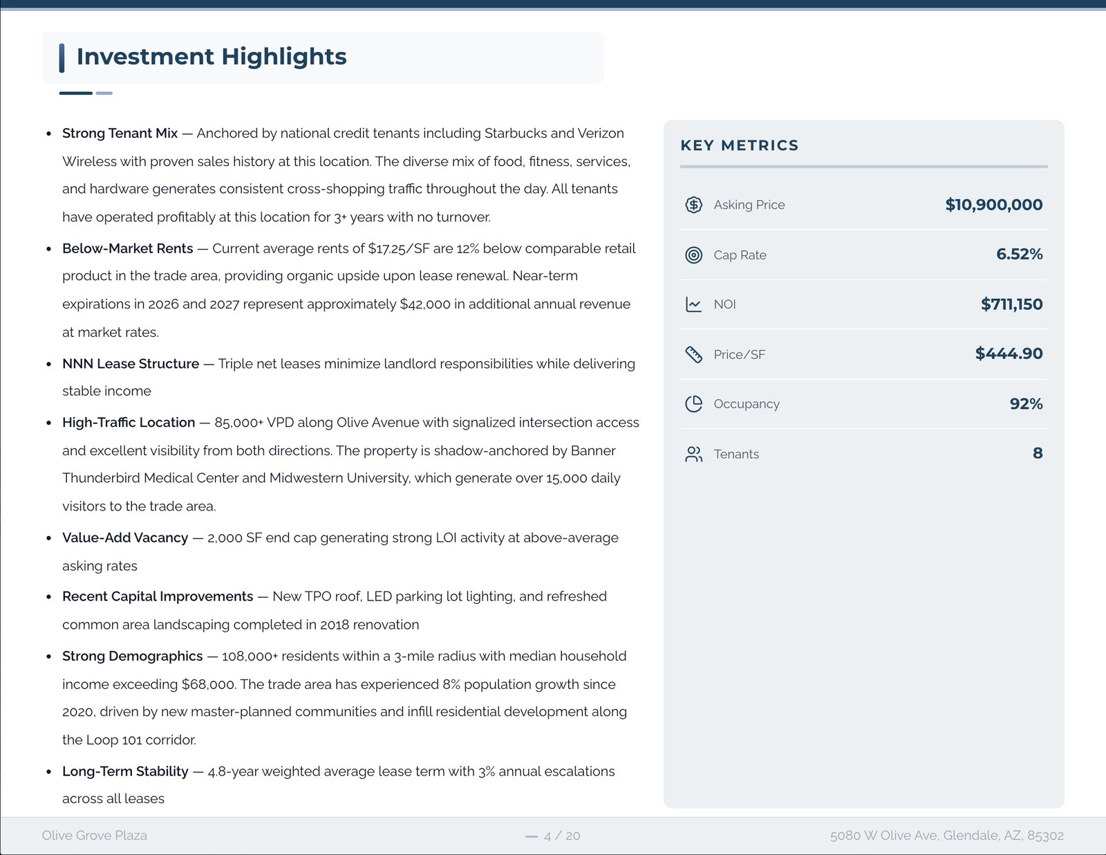 CREBuilder investment highlights page for Olive Grove Plaza with specific bullets on tenant mix, below-market rents, NNN lease structure, traffic, recent capital improvements and three-mile demographics, beside a key metrics panel