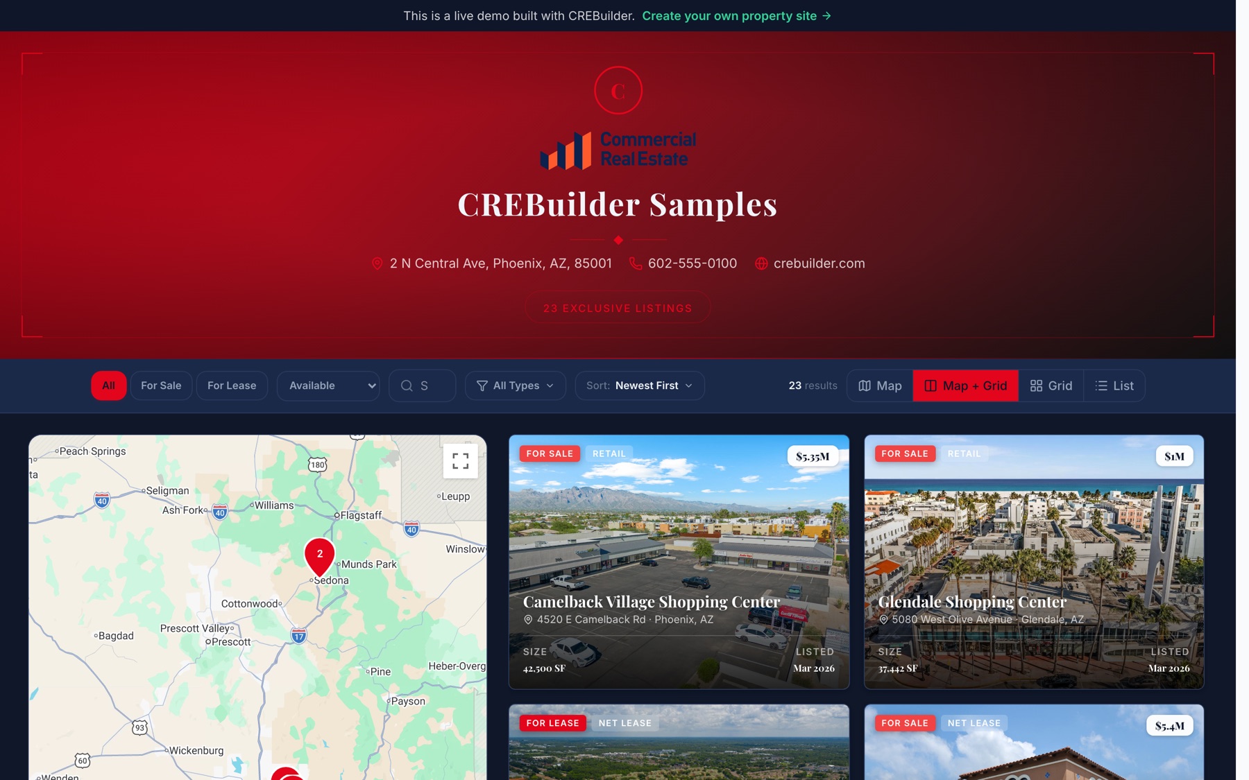CREBuilder Listing Hub showing a brokerage's listings in Map + Grid view with For Sale and For Lease filters, property type filter and listing cards