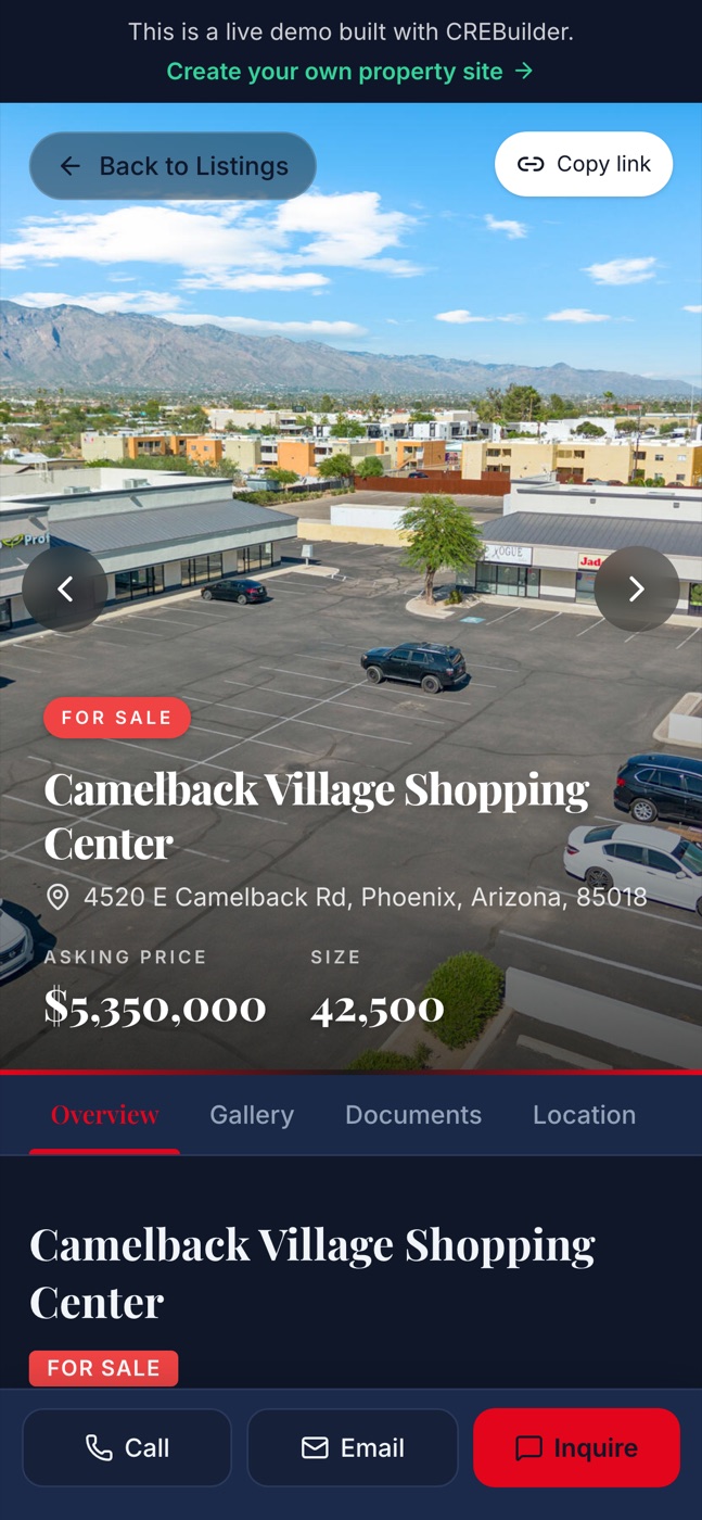 CREBuilder property website on a phone with the listing photo, price and size, and a sticky Call, Email and Inquire bar at the bottom of the screen