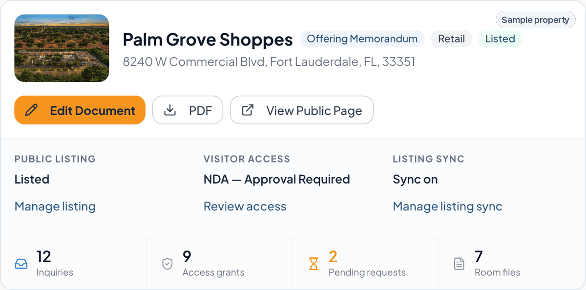 CREBuilder property workspace for Palm Grove Shoppes with visitor access, listing sync, inquiries and room files