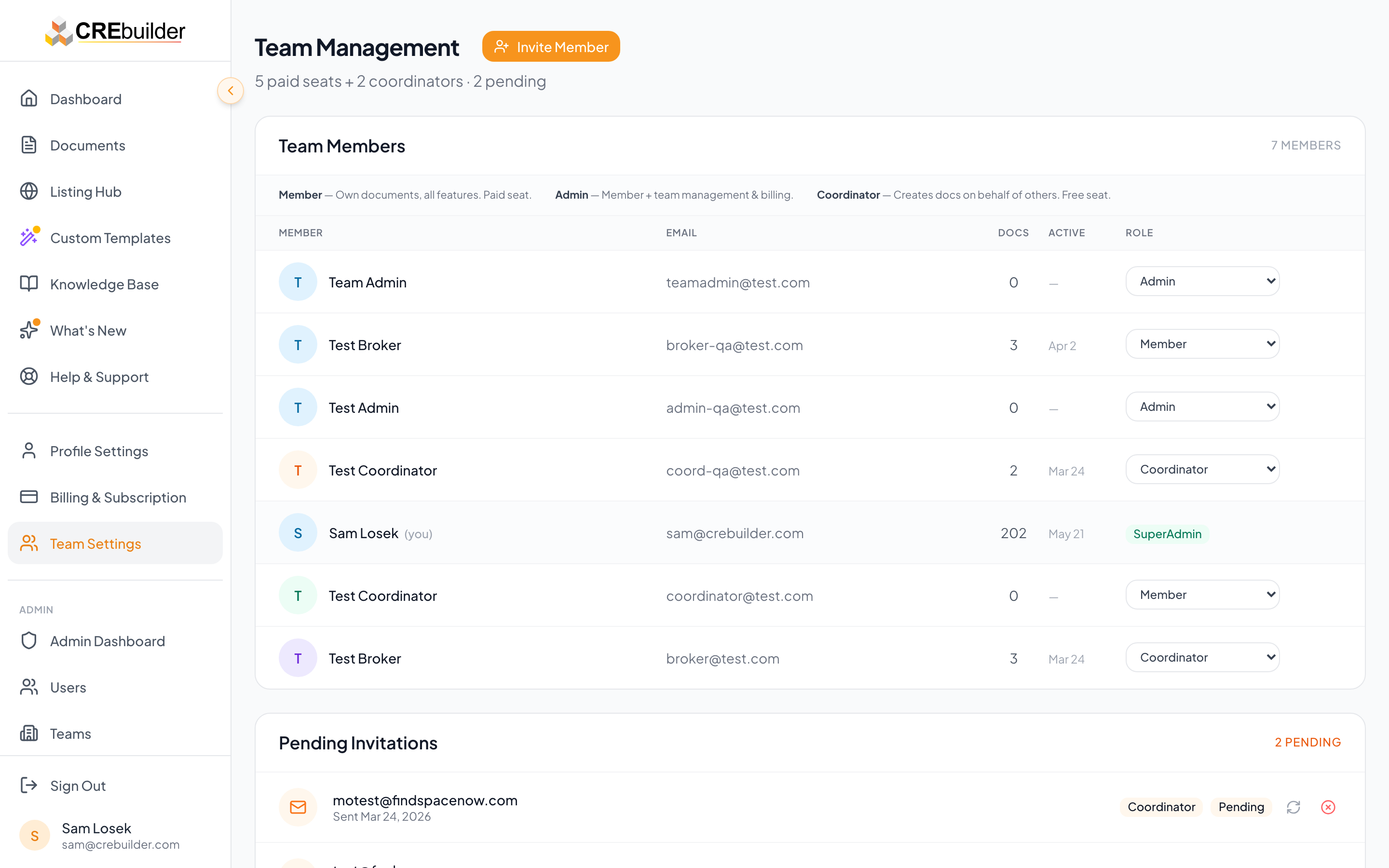 Team management page