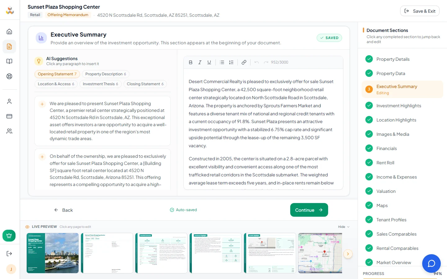 Executive Summary content editor with AI Suggestions panel on the left and rich text editor on the right