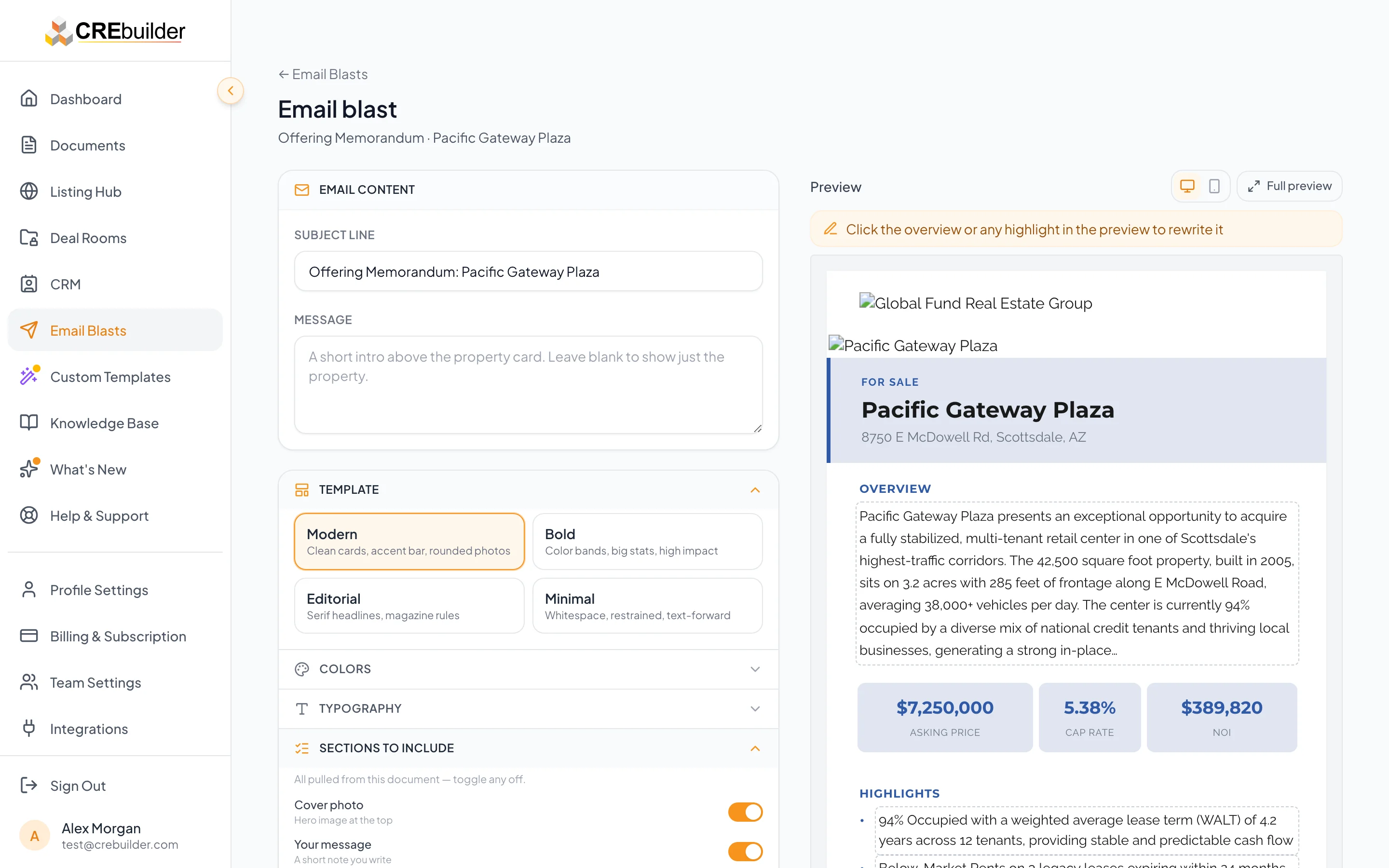 Email blast composer with live preview