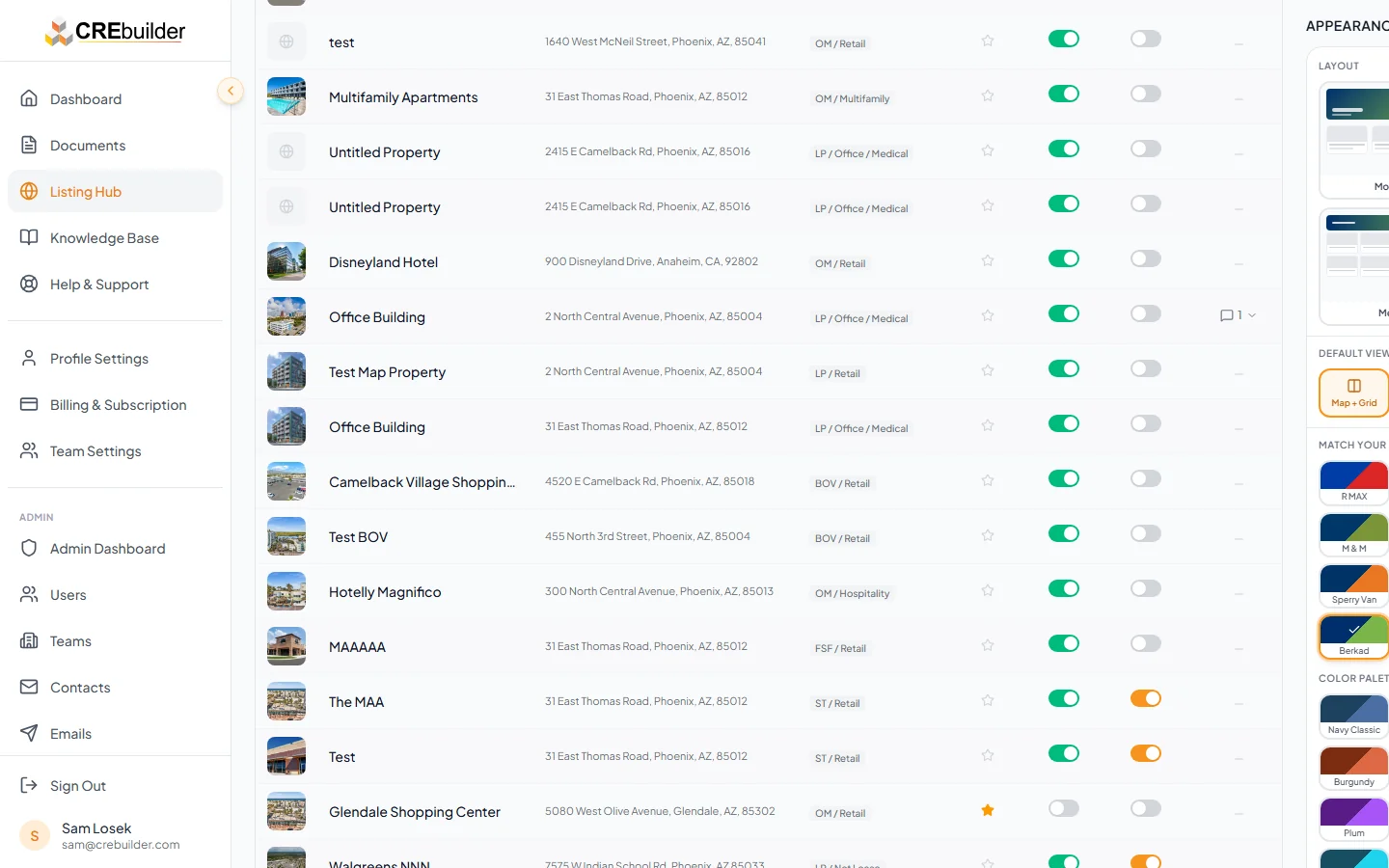 Listing Hub scrolled to show the full listings table with toggle controls