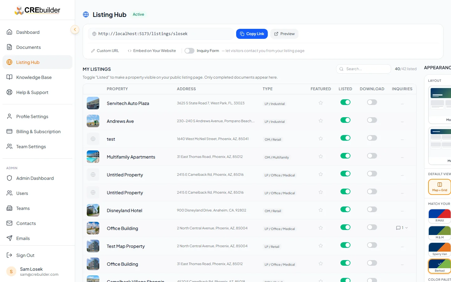 CRE Listing Hub page showing share URL, listings table, and appearance panel