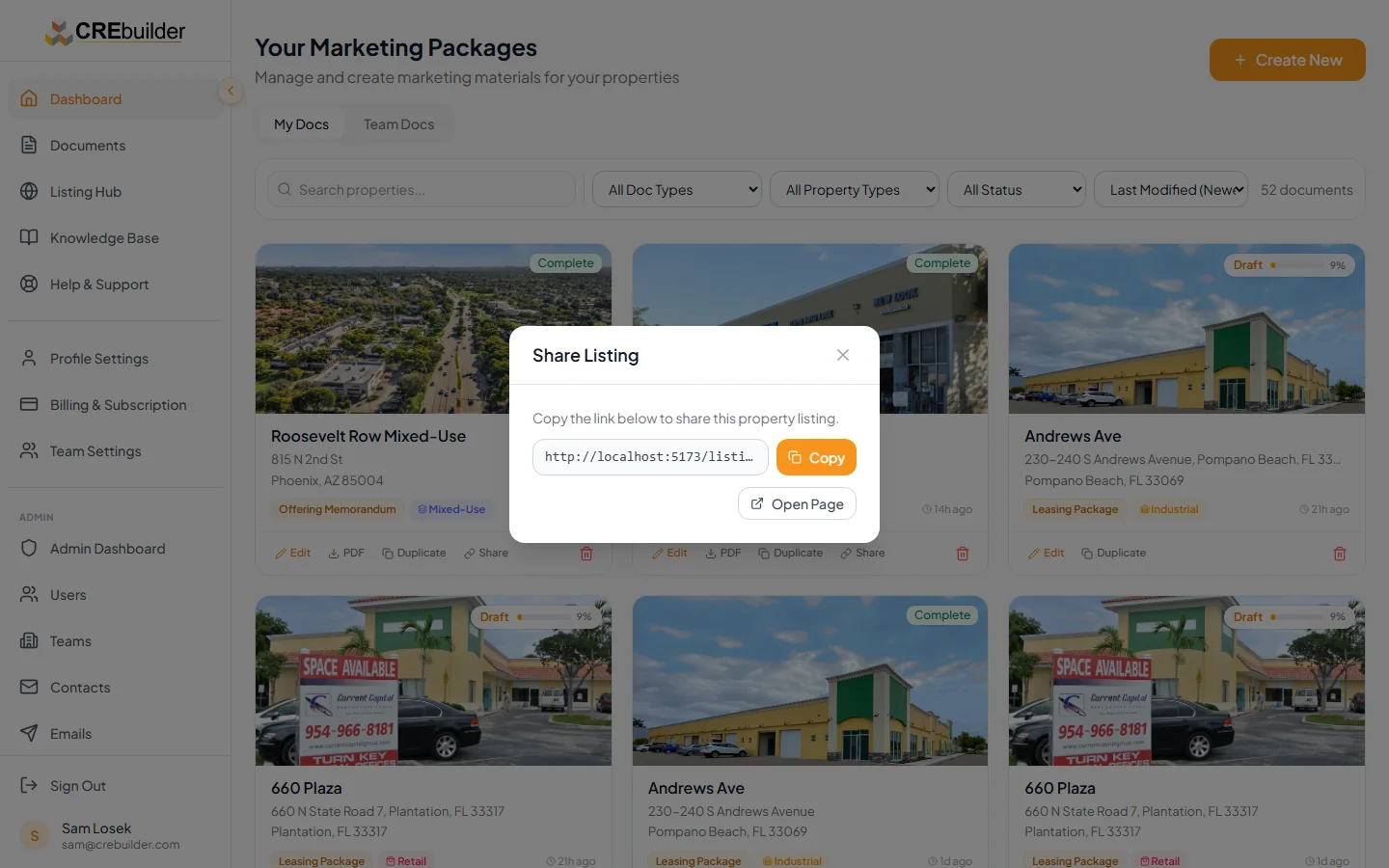 Share Listing modal showing the listing URL with copy and open buttons