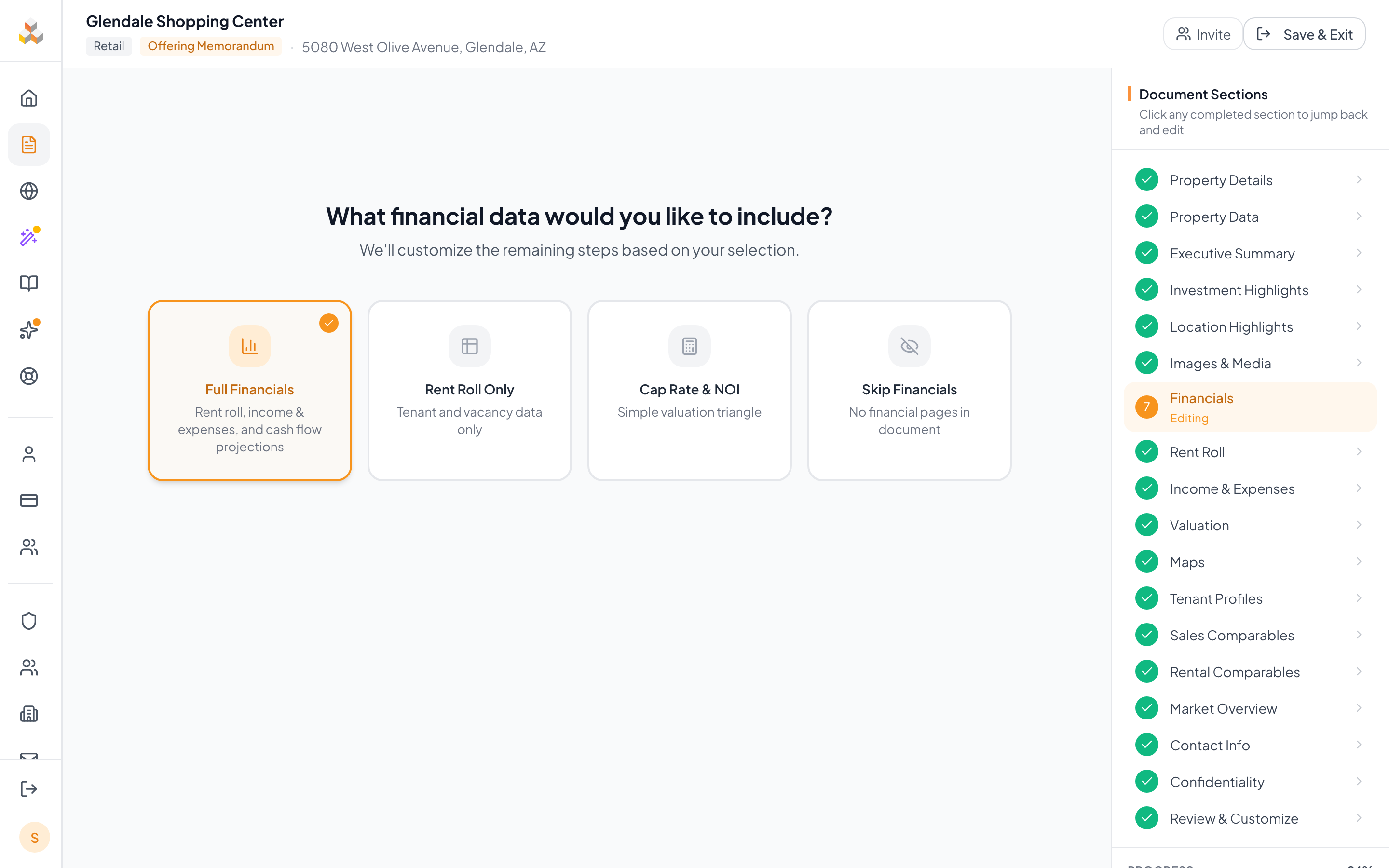 Financial scope selection screen showing four mode cards