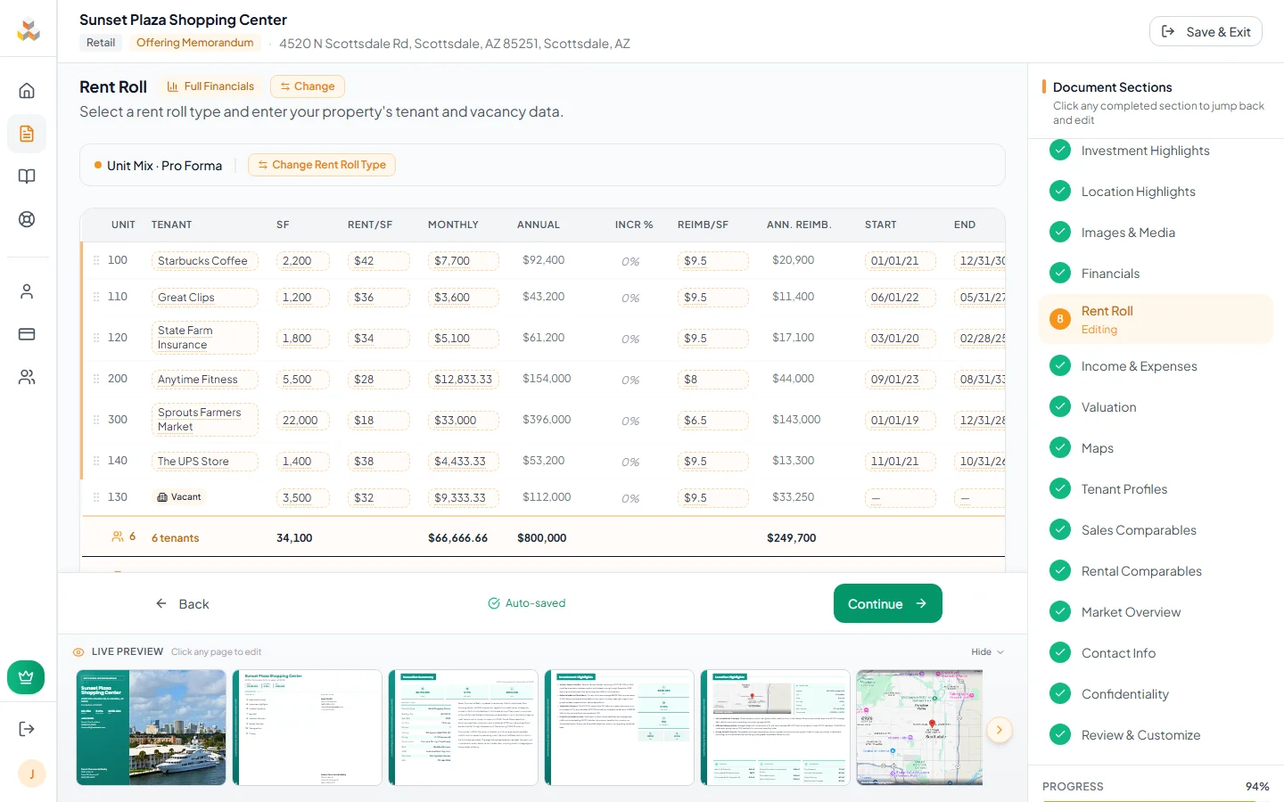 Rent roll table with tenant rows, vacancy, and auto-calculated totals