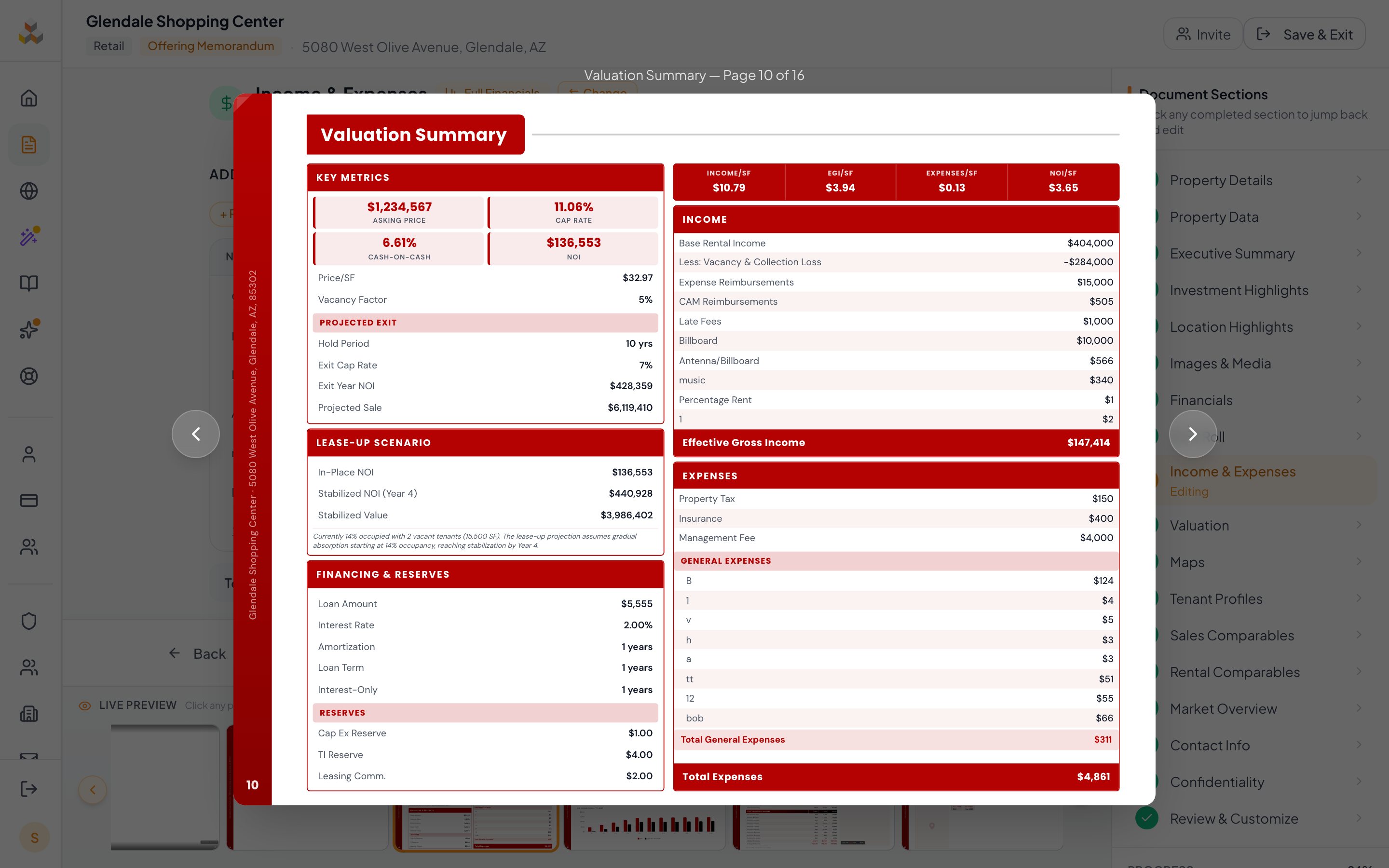 Sales comparables list with address, price, cap rate, and date