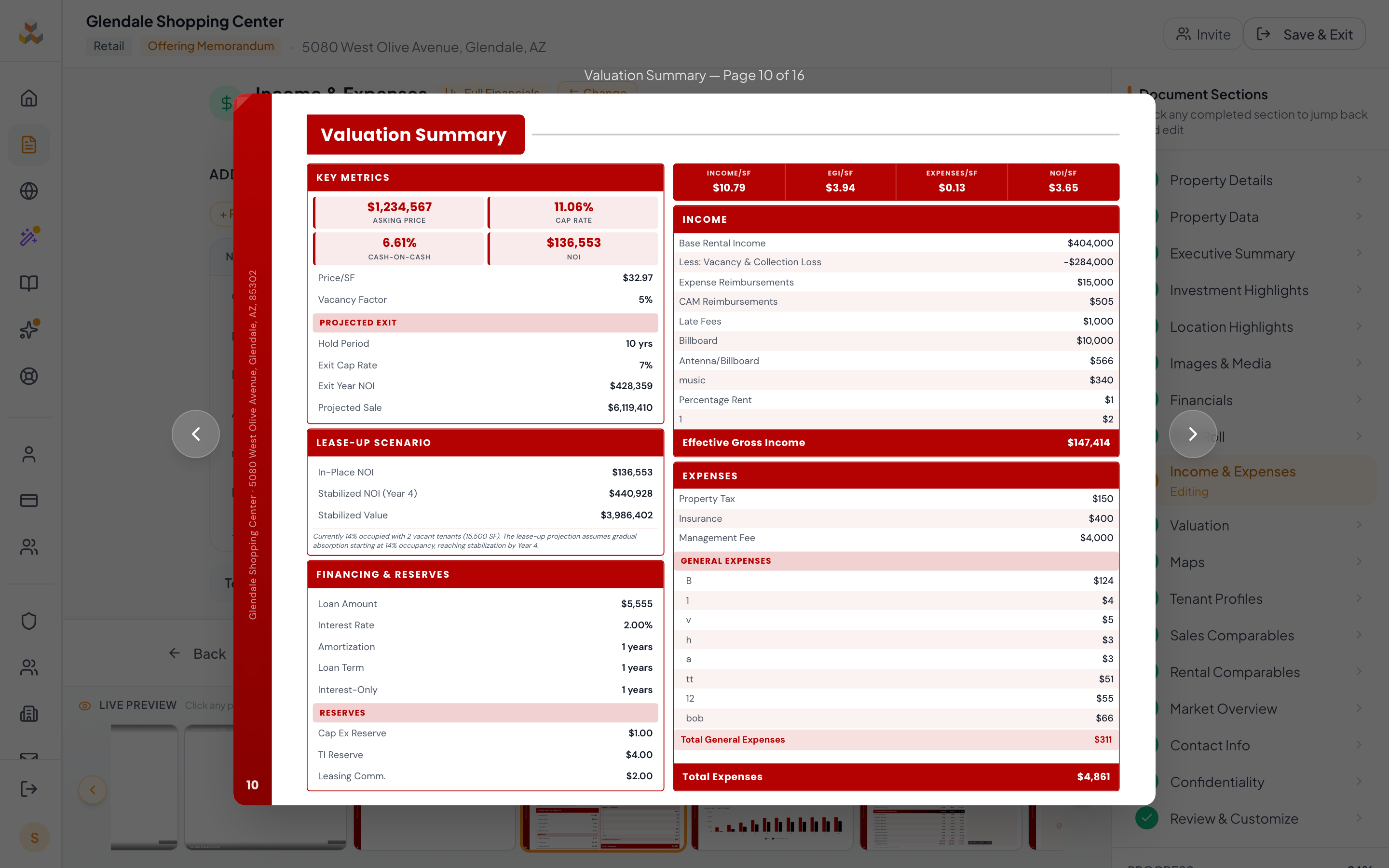 Valuation page showing cap rate, NOI, price/SF, and property-type metrics