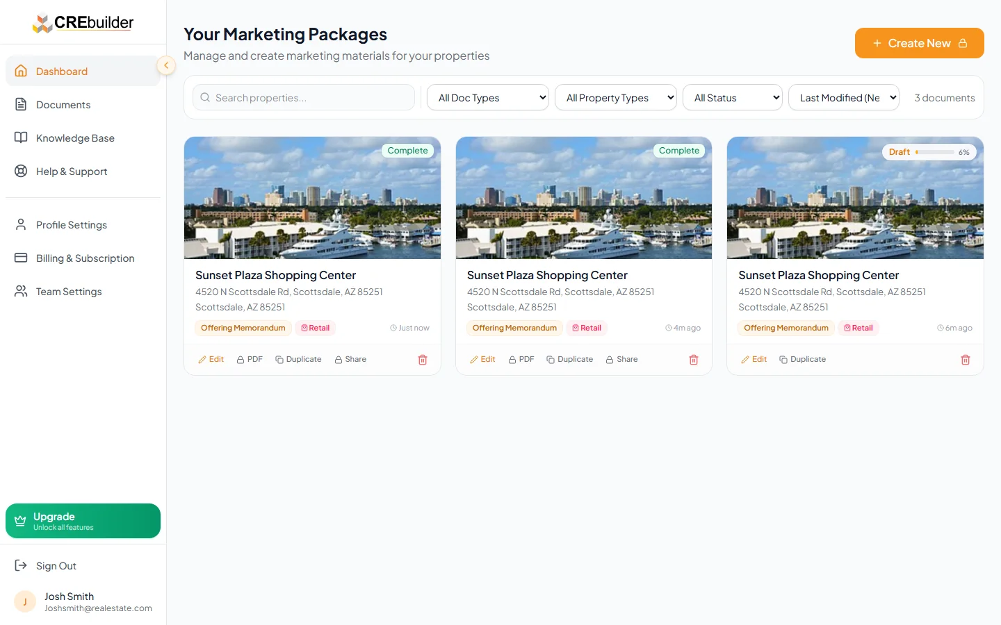 Dashboard showing recent documents, quick create button, and document cards