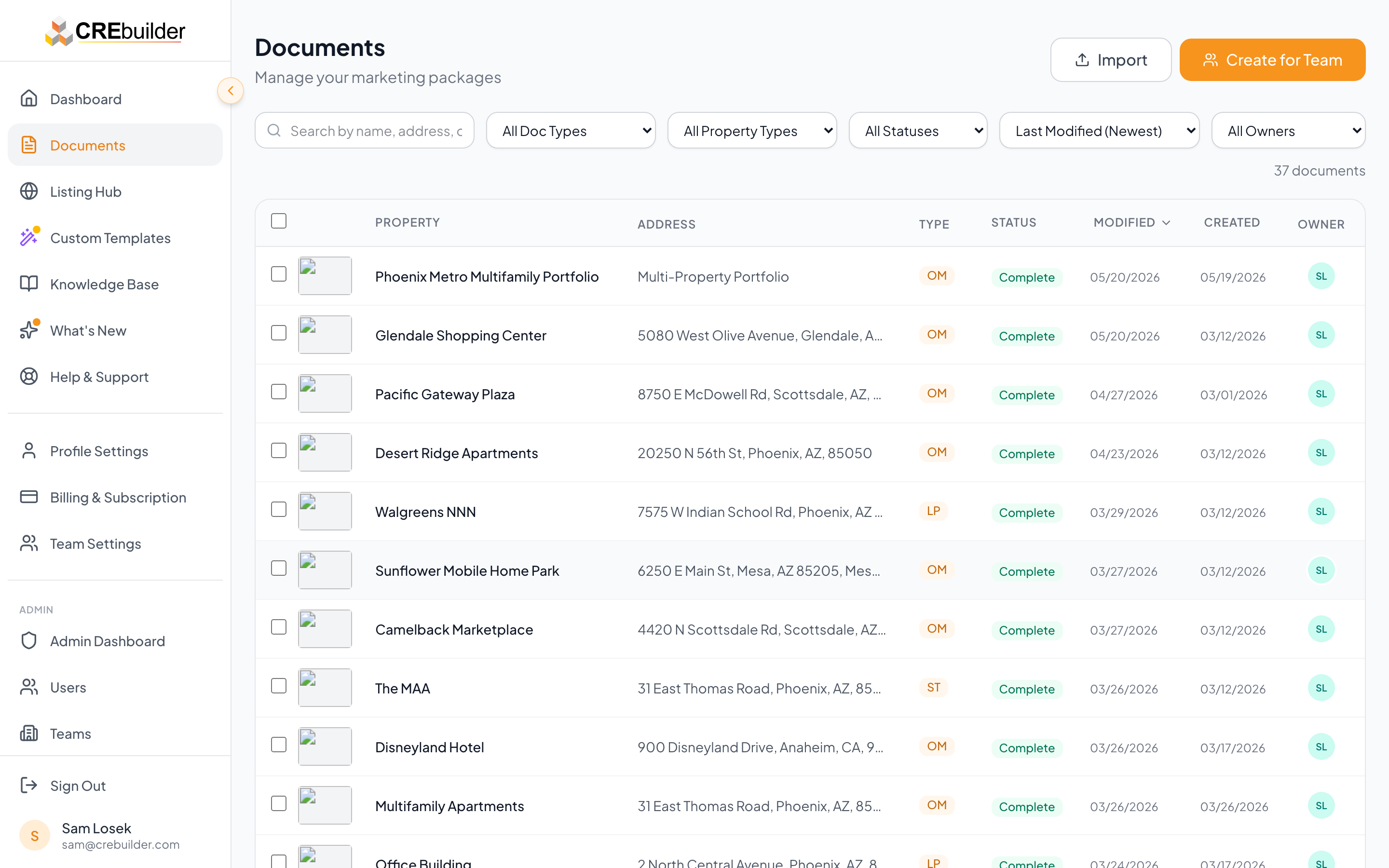 Documents page with sorting, filtering, and bulk actions