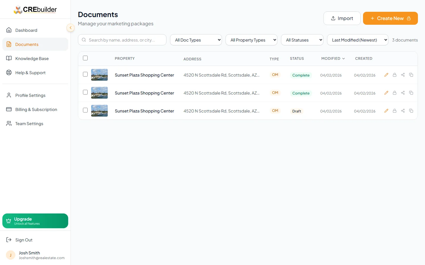Documents list page with sorting, filtering, and document actions