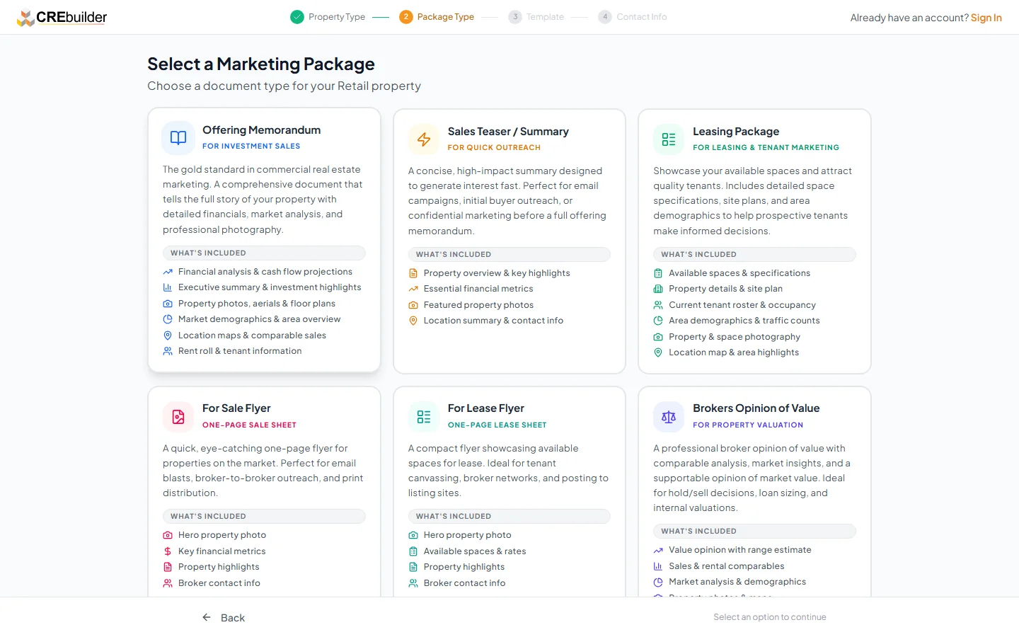 Package type selection grid showing all 6 document types with descriptions