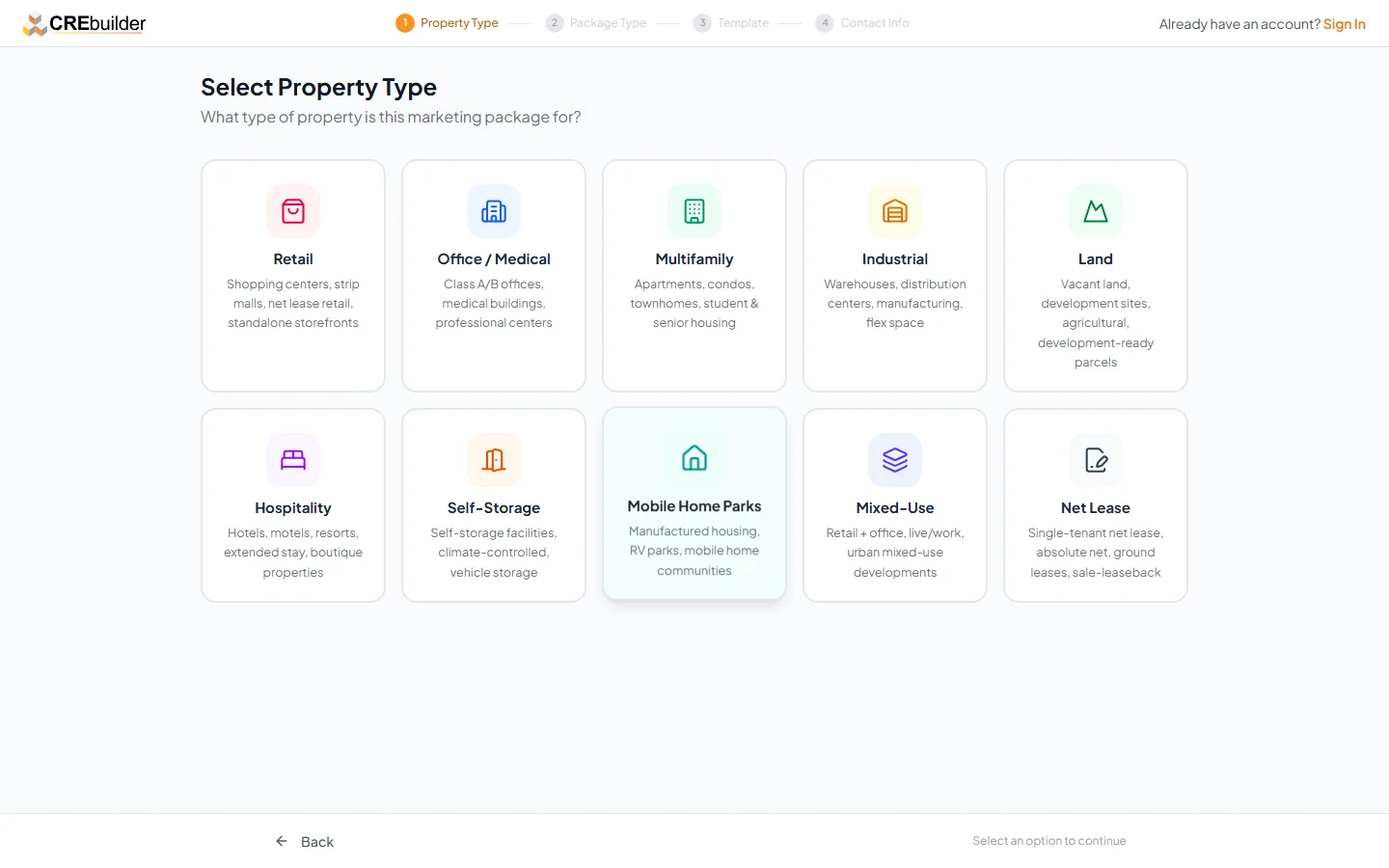 Select Property Type step showing the 10 CRE property type cards