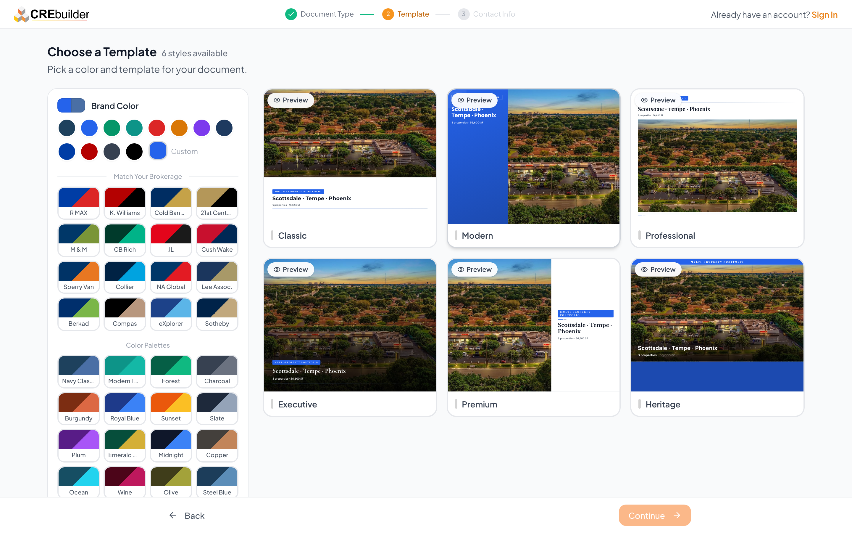 Template selection with brand color picker on the left and live cover previews on the right