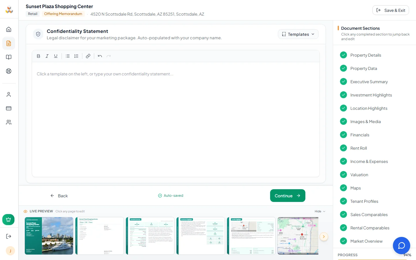 Confidentiality page with pre-written disclaimer templates