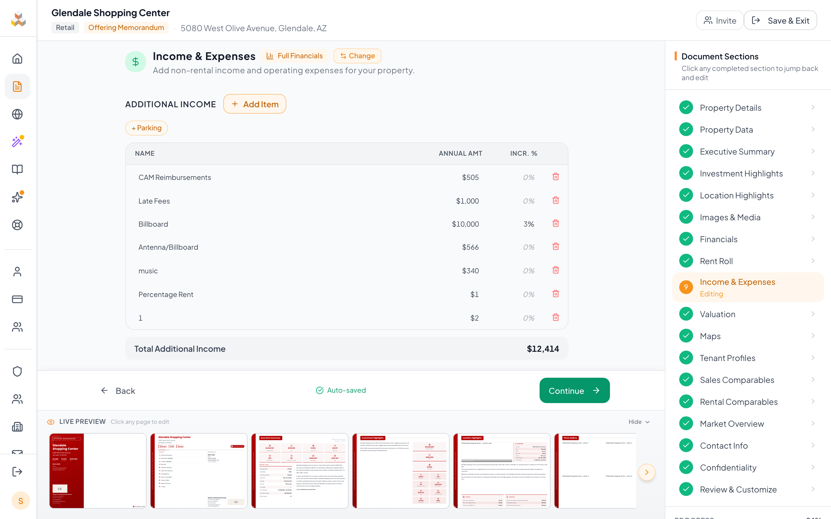 Income & Expenses step with Additional Income and Operating Expenses sections