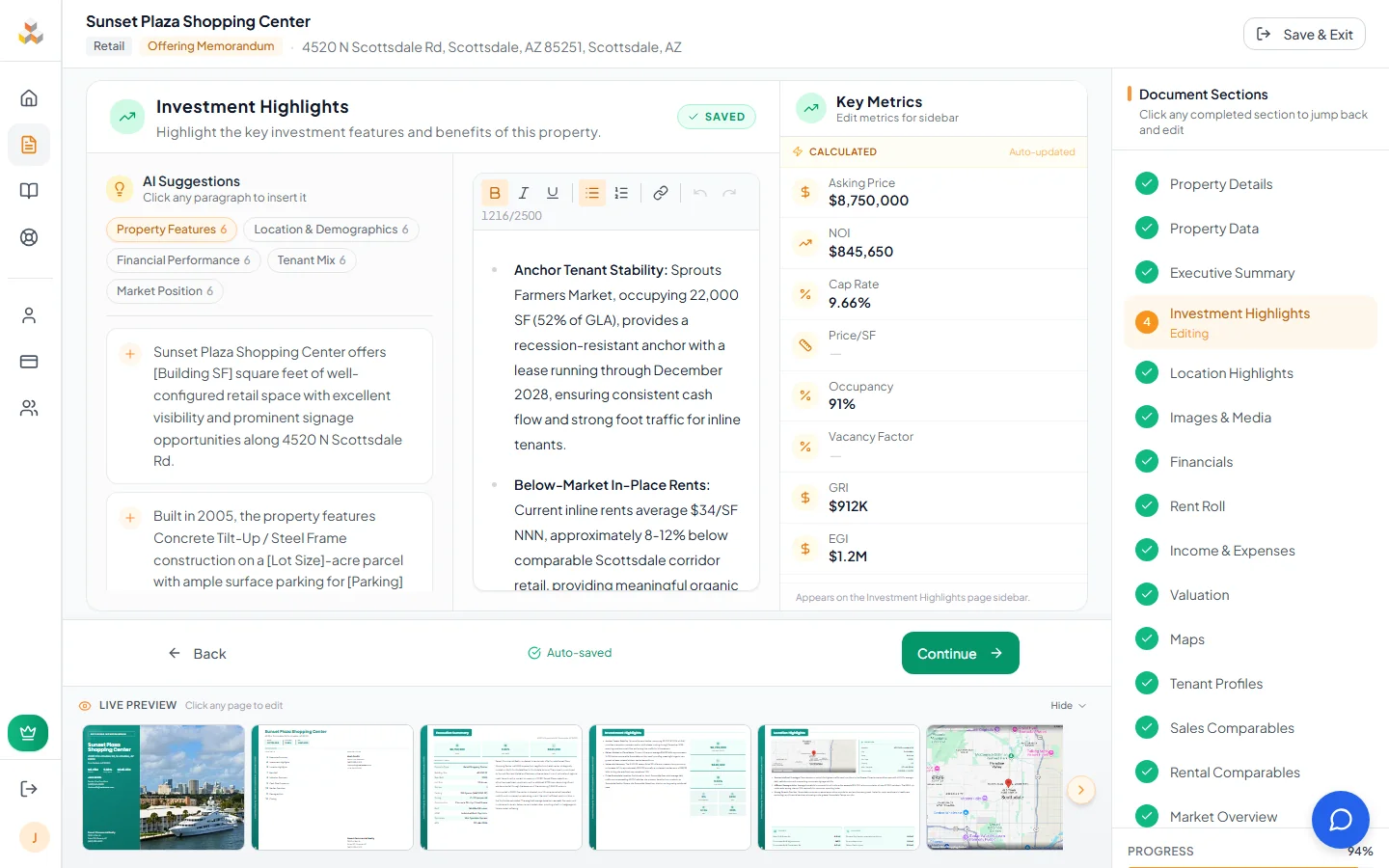 Investment Highlights editor with Key Metrics panel