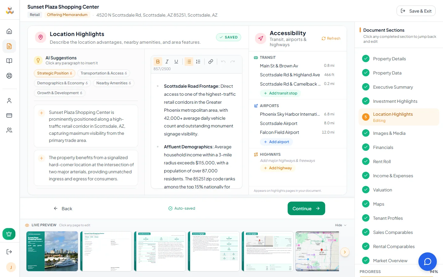 Location Highlights editor with Accessibility transit panel