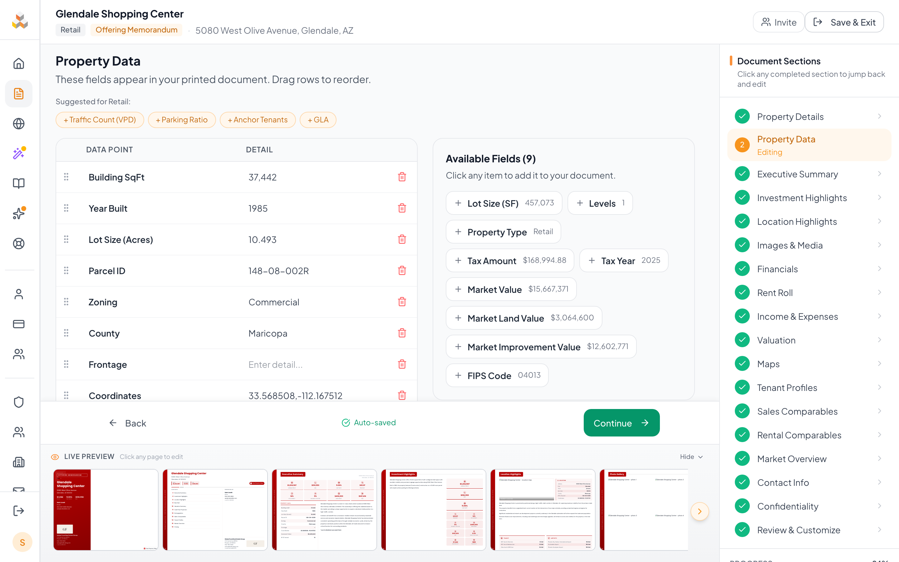 Property Data step with building details and a Lookup Property Data button