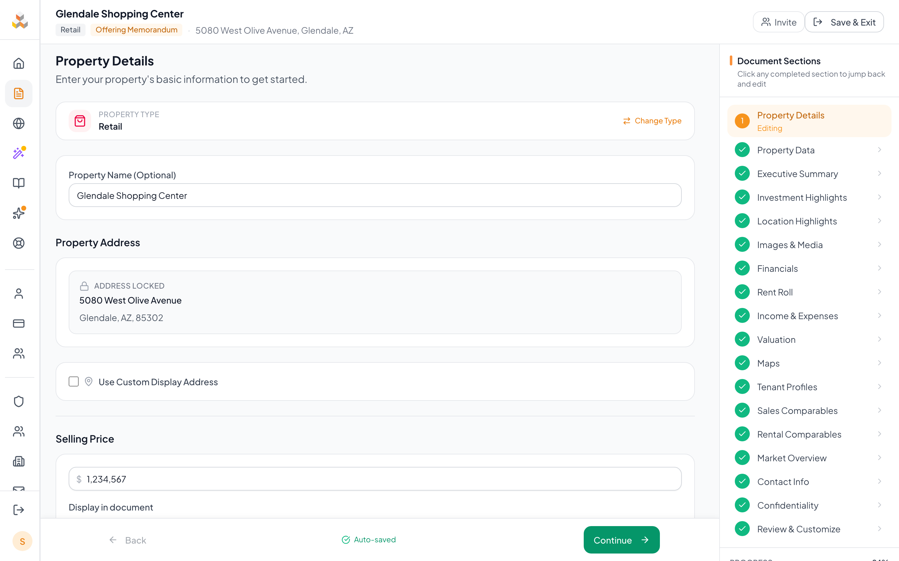 Property Details wizard step with property name, address autocomplete, and selling price