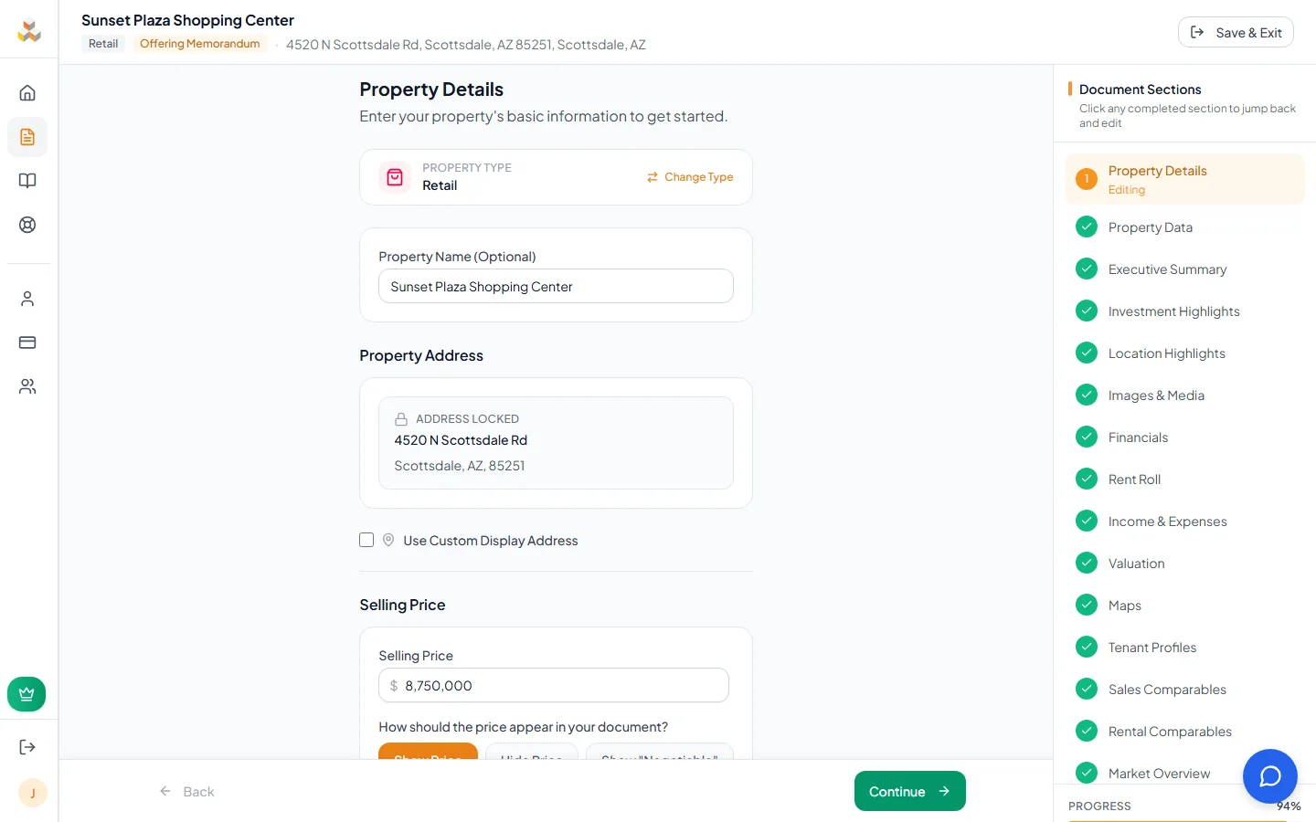 Property Details step with property name, address, and selling price fields