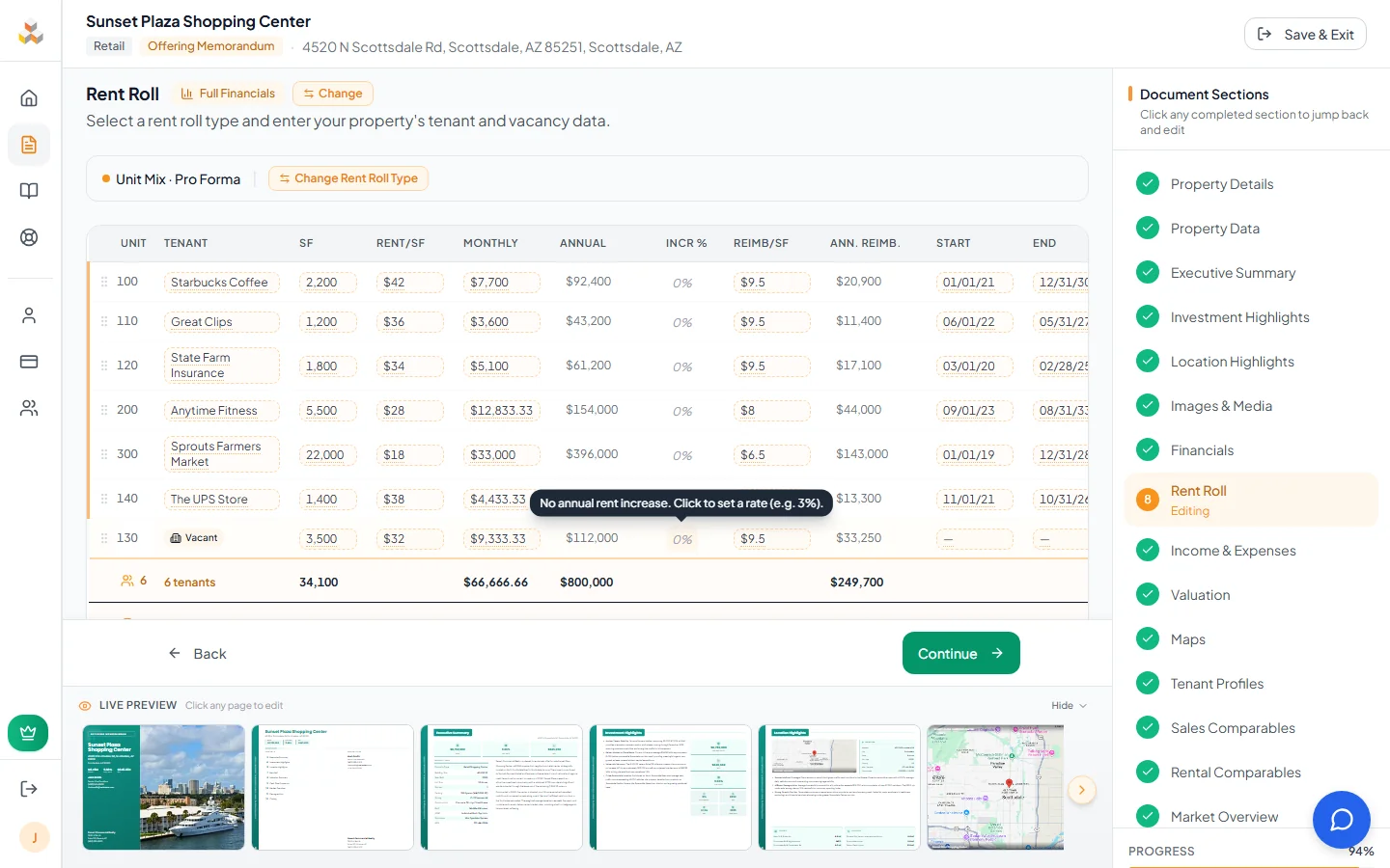 Rent Roll page with tenant table and vacancy tracking