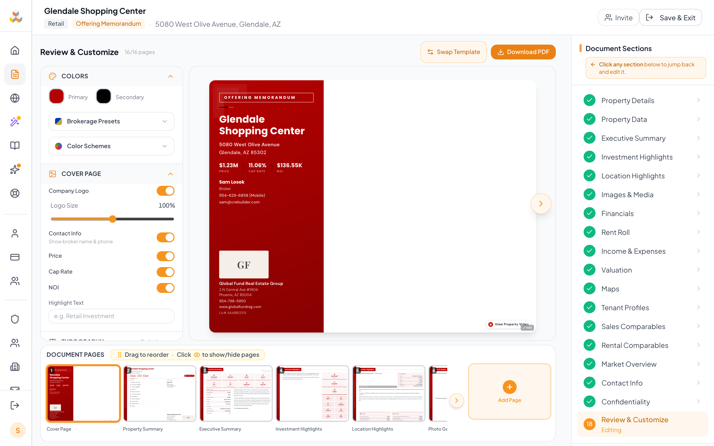 Review step with center preview, design panel, and page thumbnails