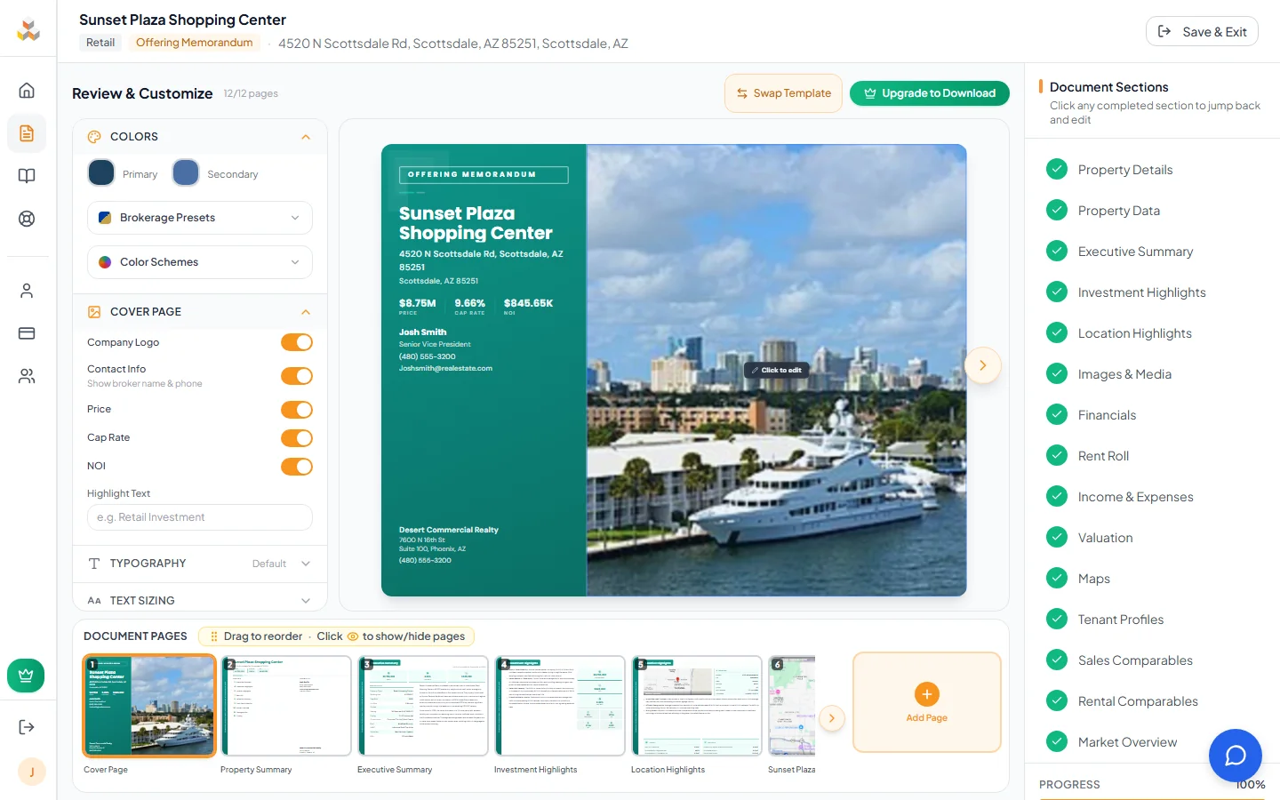 Review page with live document preview, design panel, and page thumbnails
