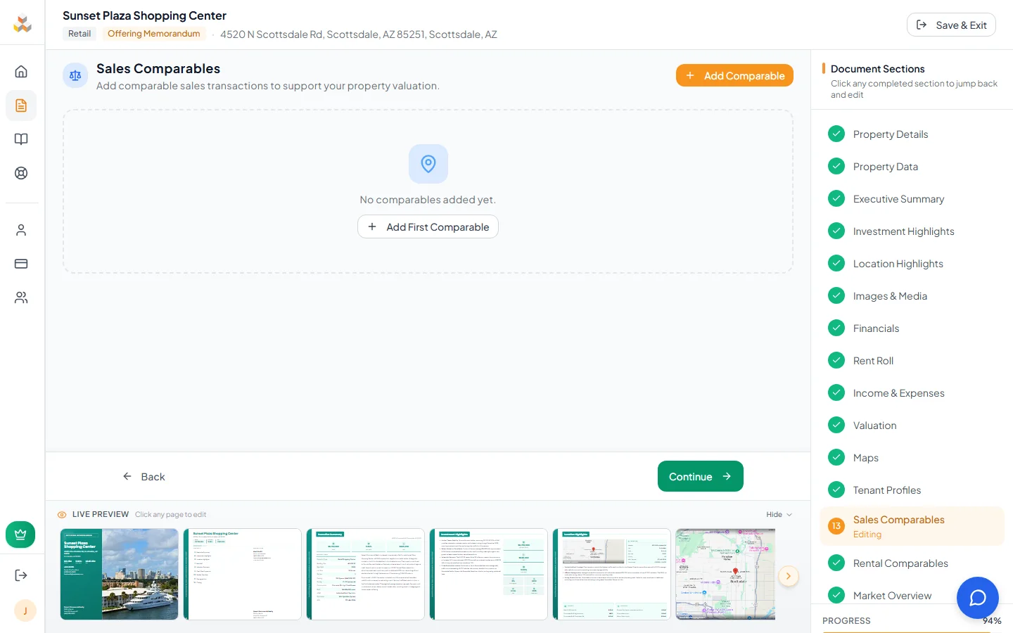 Sales Comparables page with comparable property entries