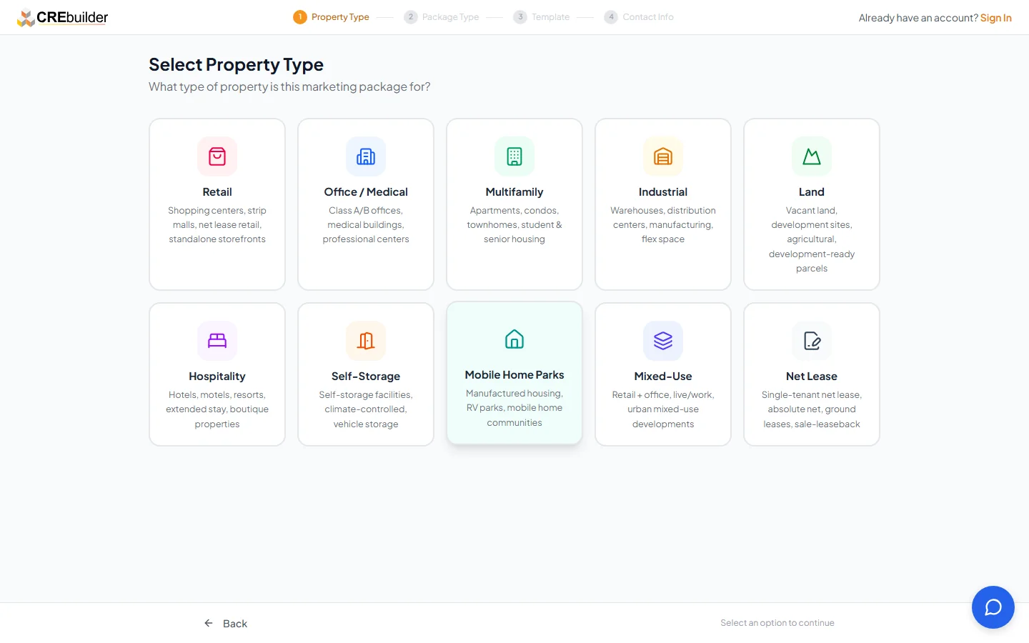 Select Property Type screen showing 10 property type cards