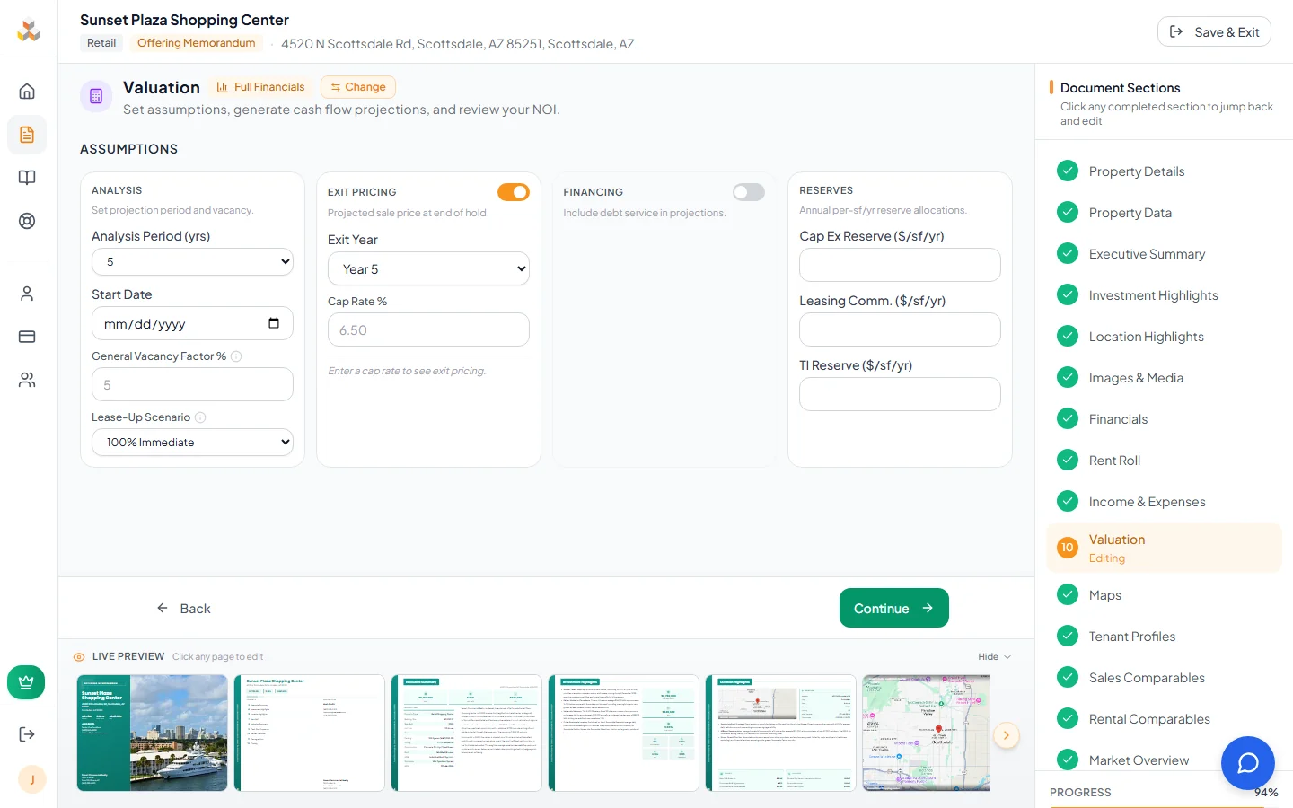 Valuation page with assumptions panel and cash flow projection
