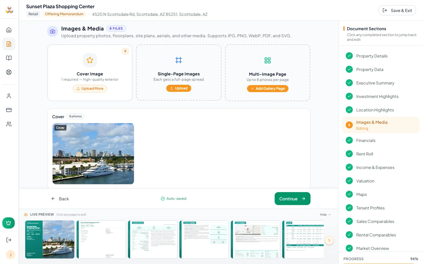 Photos page in the document editor showing upload zones and image management