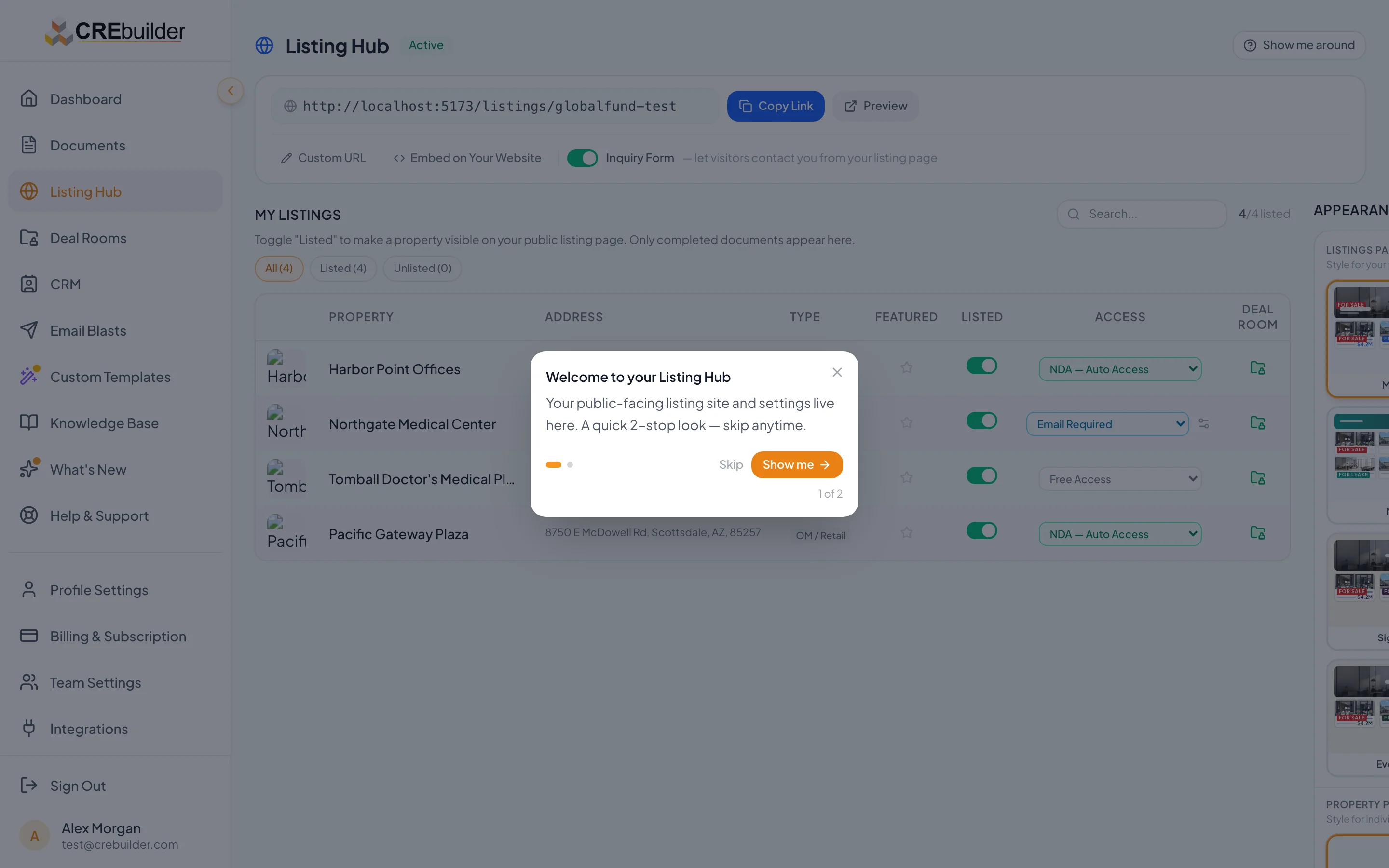 Listing Hub with share link, listings, and appearance