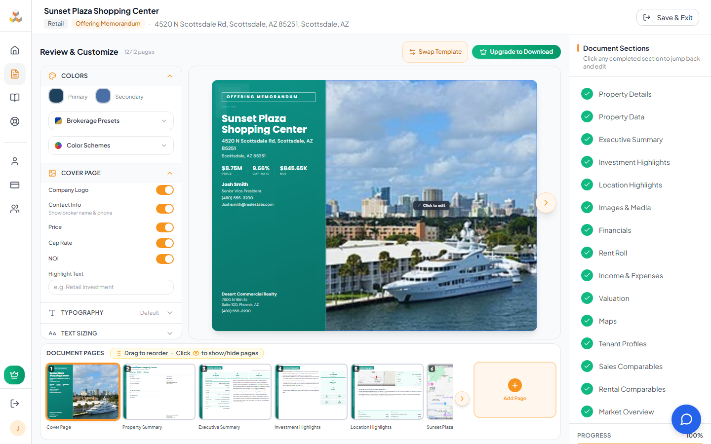 Review page showing the three-panel layout: design panel on left, document preview in center, thumbnail strip at bottom