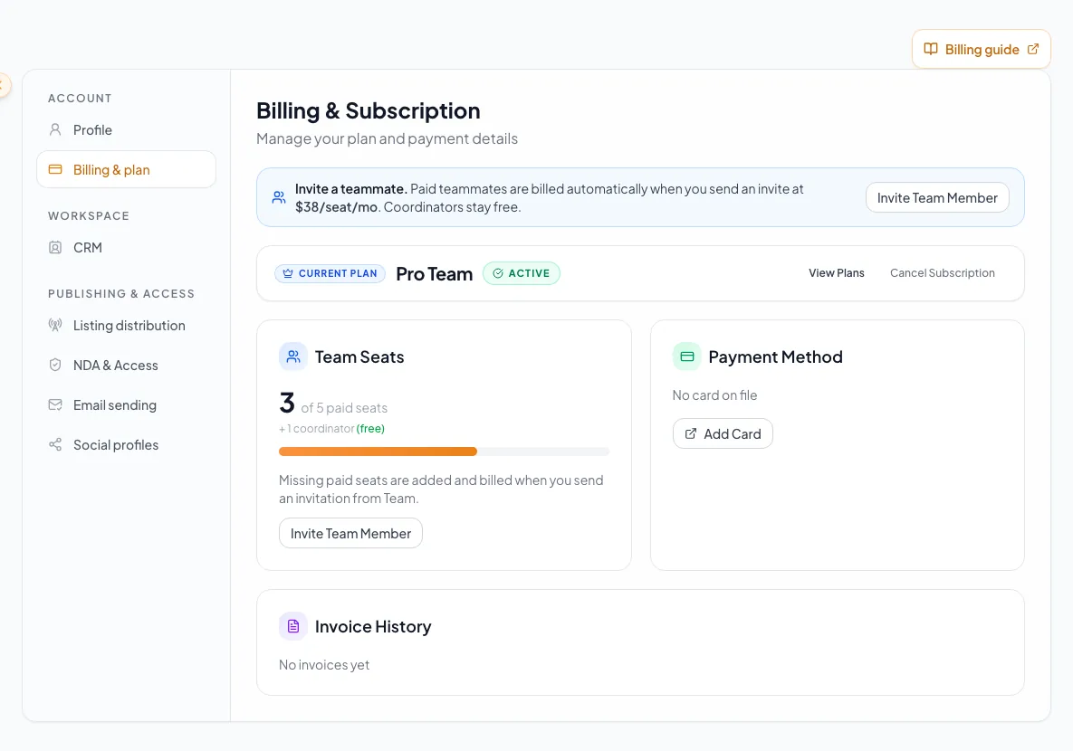 Billing settings page displaying subscription and account billing information.