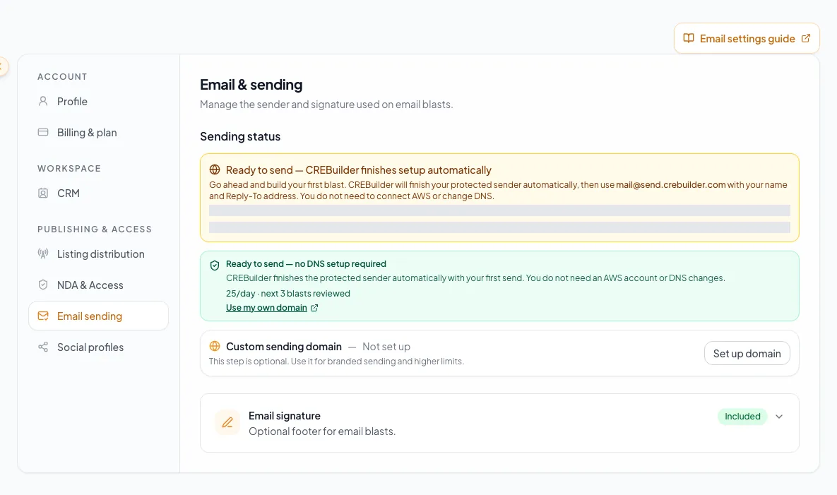 Email settings page showing sending readiness, domain, and signature configuration.