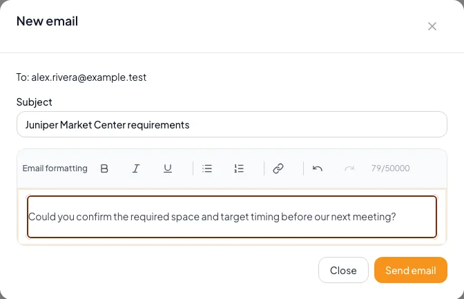 Native CRM email composer showing the contact recipient, subject, formatted message and Send email action.