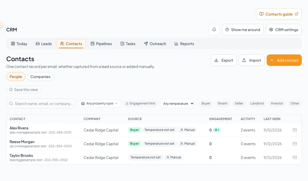 CRM Contacts workspace with People and Companies views and list controls.
