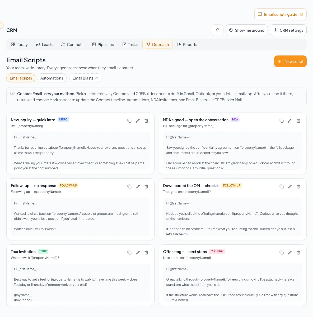 CRM Email Scripts library with reusable outreach content and access context.