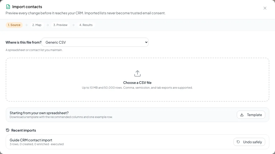 CRM People import state used to review unresolved, duplicate, and quarantined rows.