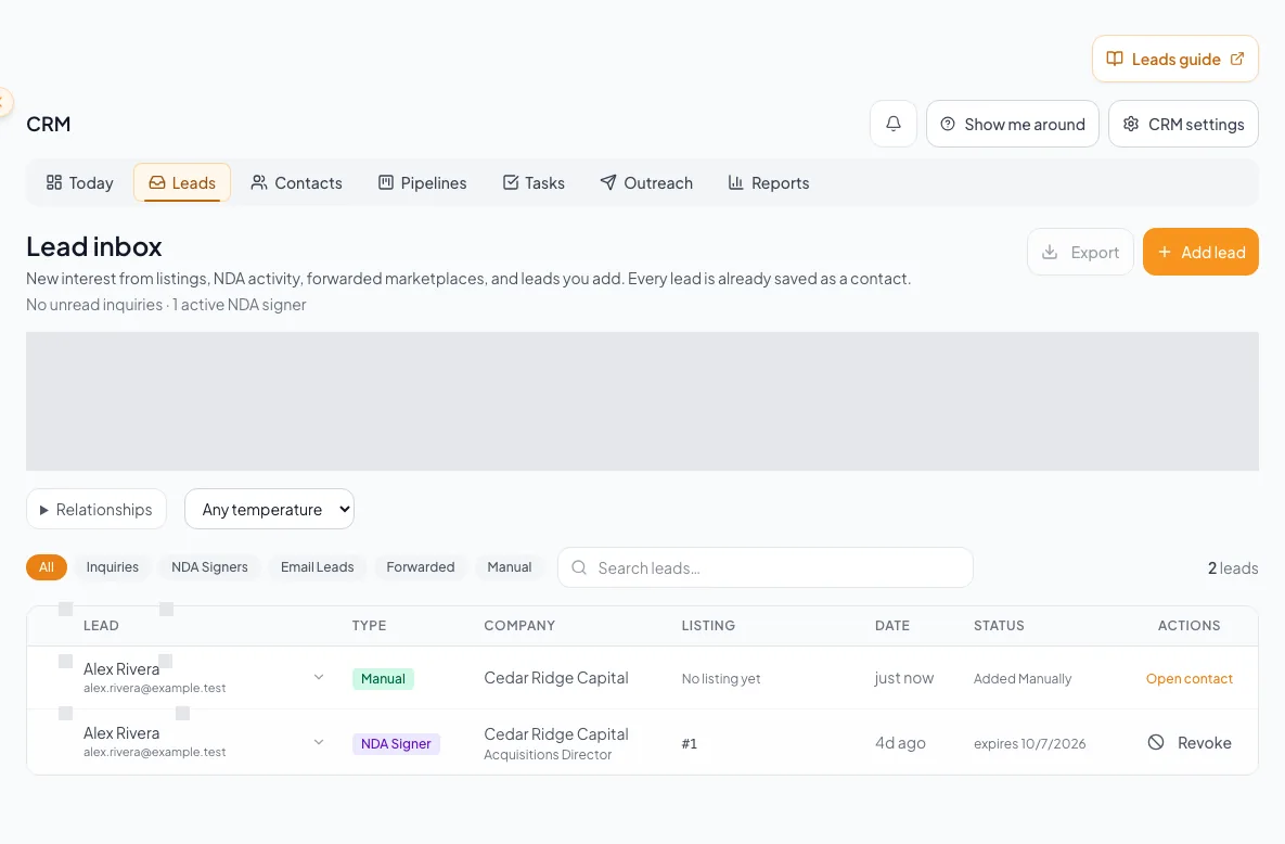 CRM Leads workspace used to define requirements and evaluate property matches.