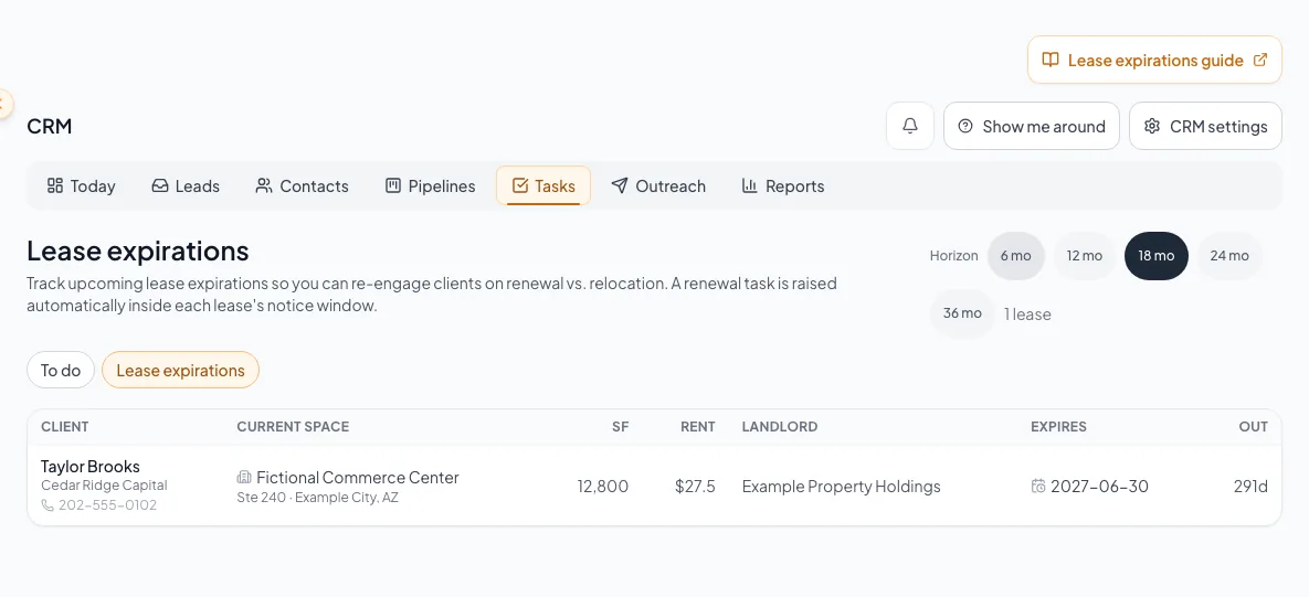 CRM Lease expirations workspace showing tracked dates and reminder context.
