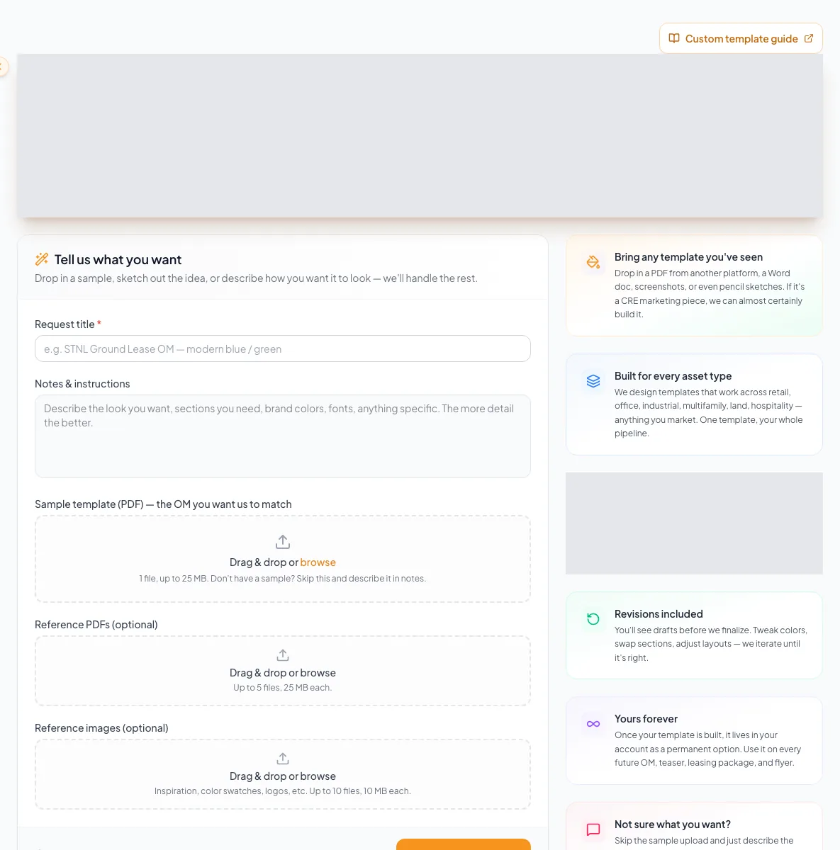 Custom Template request workspace with the request form and history area visible.