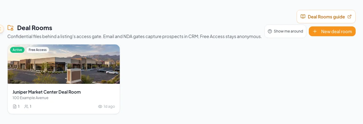 Deal Rooms hub with the New deal room action available to an authorized user.
