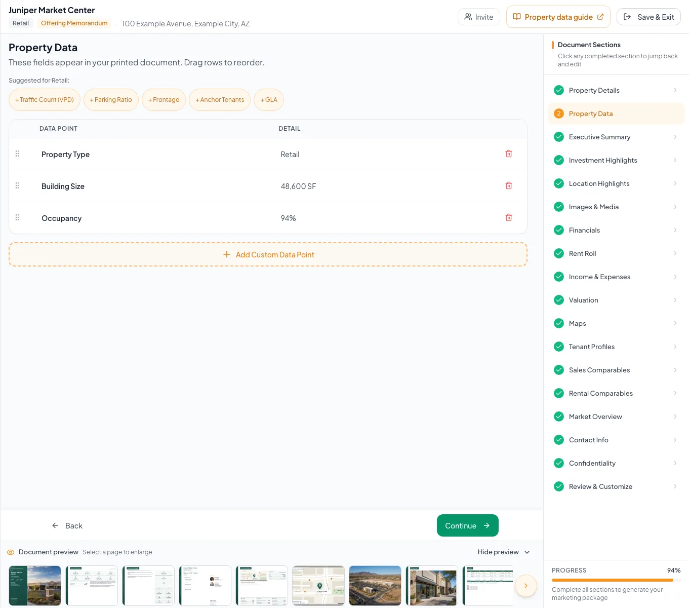 Property Data editor state used to verify autosave and required-field validation.