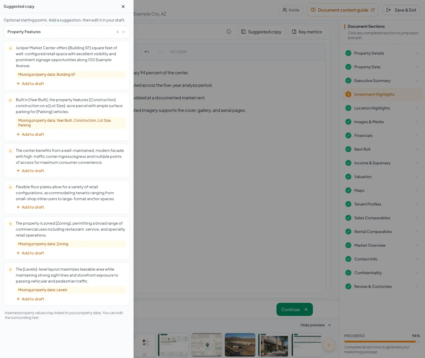 Suggested copy drawer with Add to draft, opened independently from the Investment Highlights editor.