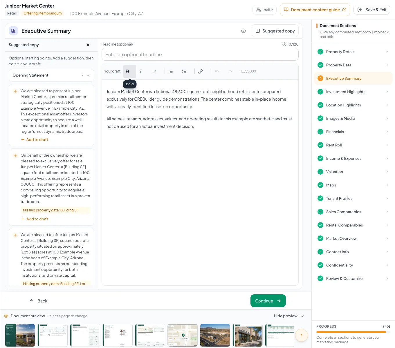 Executive Summary workspace with a compact optional headline, Your draft editor and separate Suggested copy panel.