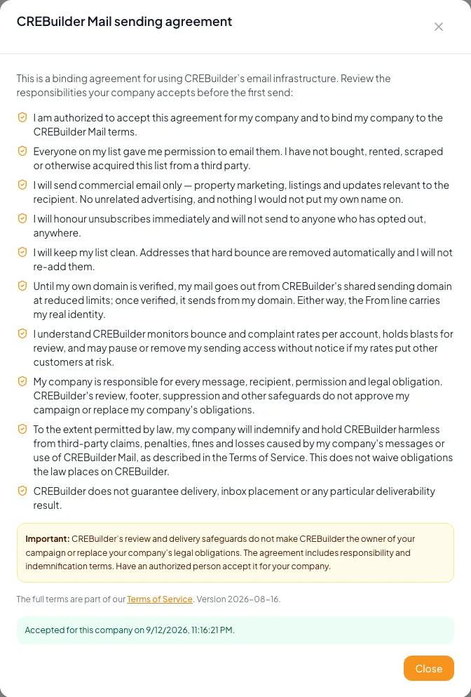 Email settings page where CREBuilder Mail access and agreement status are managed.